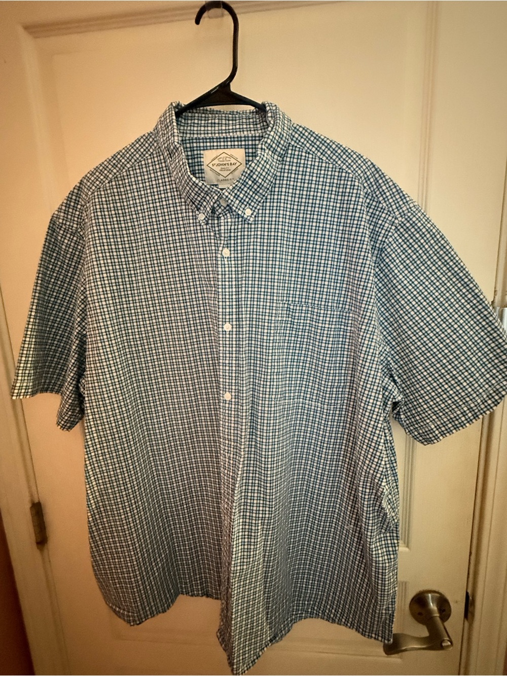 St. John's Bay Blue and White Check Short-Sleeve Button-Down Shirt